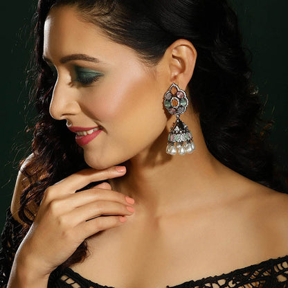 Ritu Singh Silver Plated Contemporary Jhumka Earrings