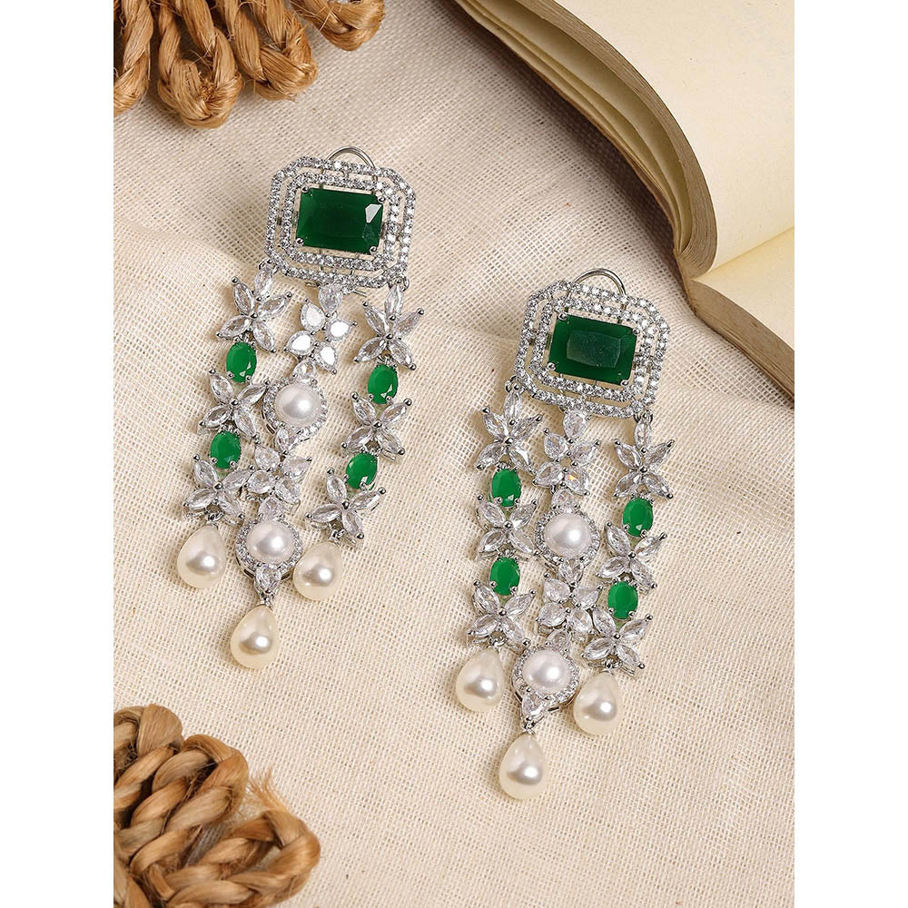 Ritu Singh Long Crystal and Emerald Earringss with Pearl Drop Earrings
