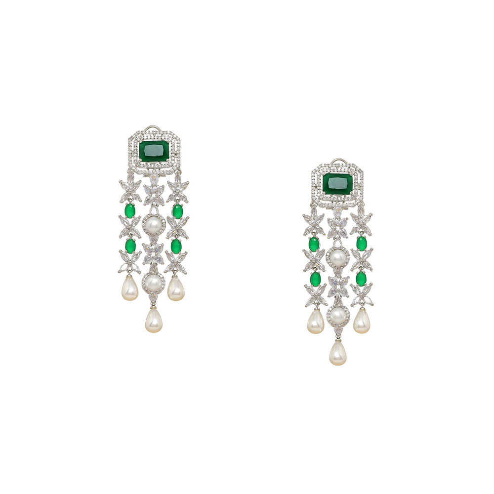 Ritu Singh Long Crystal and Emerald Earringss with Pearl Drop Earrings