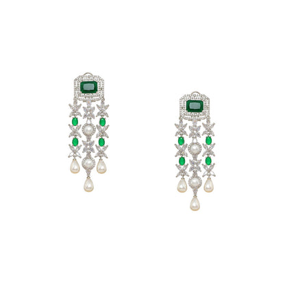 Ritu Singh Long Crystal and Emerald Earringss with Pearl Drop Earrings