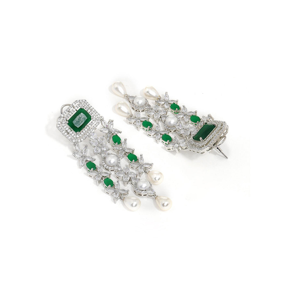 Ritu Singh Long Crystal and Emerald Earringss with Pearl Drop Earrings