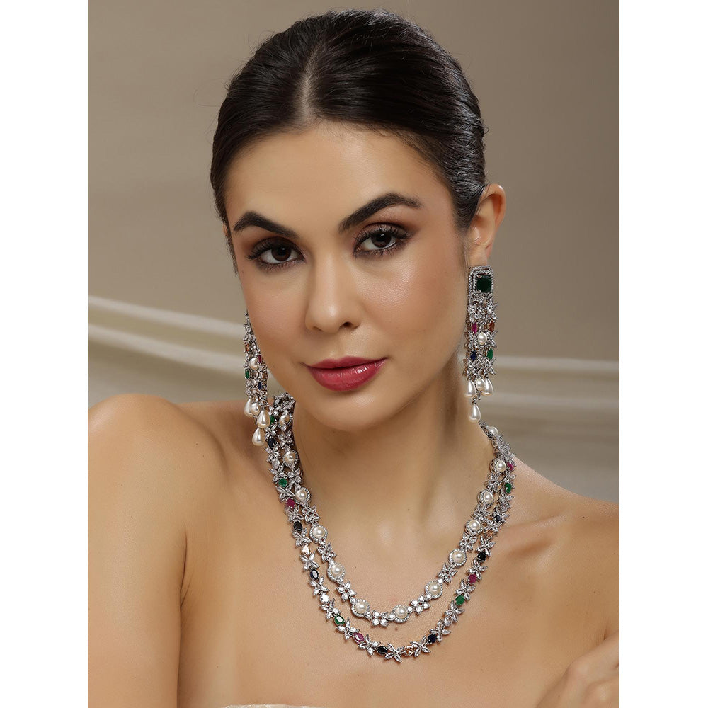 Ritu Singh Multi Stone Double Layered Long Necklace with Matching Earrings Set