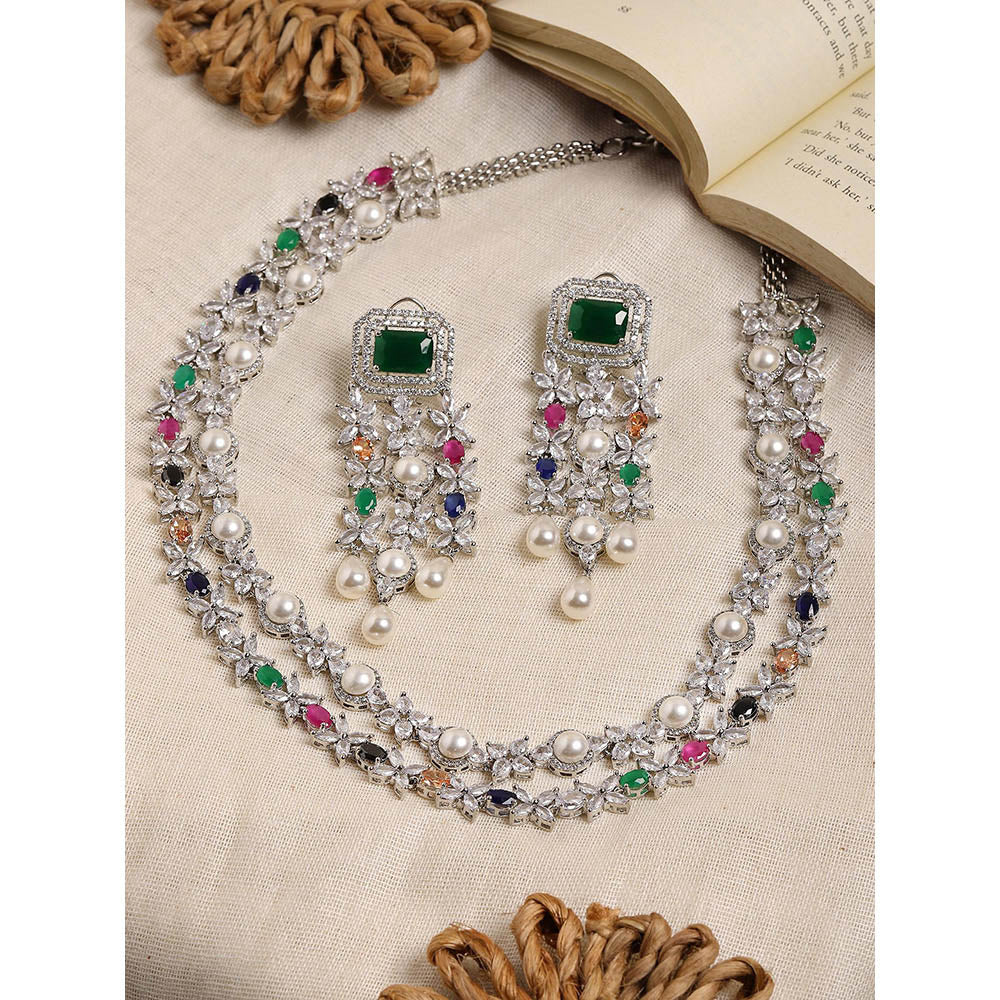Ritu Singh Multi Stone Double Layered Long Necklace with Matching Earrings Set