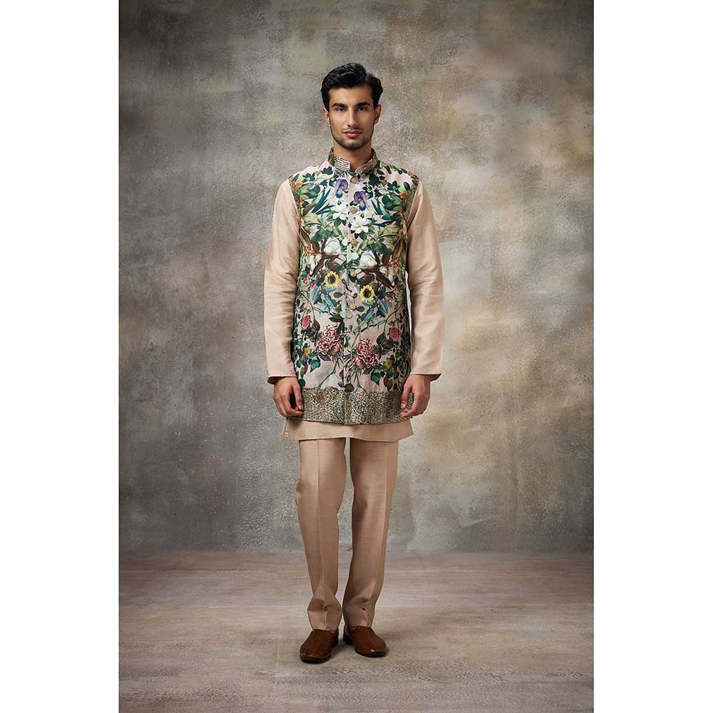 Rivaar by Rocky Star Beige Printed Kurta with Pant and Nehru Jacket (Set of 3)
