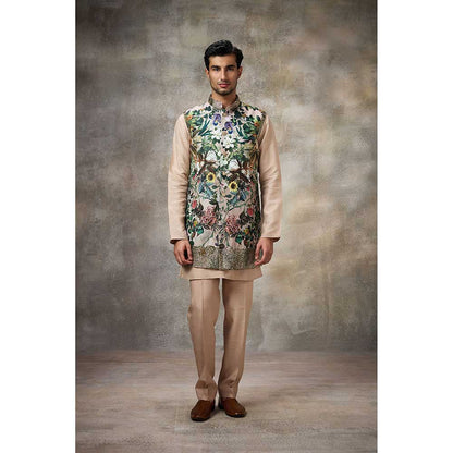 Rivaar by Rocky Star Beige Printed Kurta with Pant and Nehru Jacket (Set of 3)