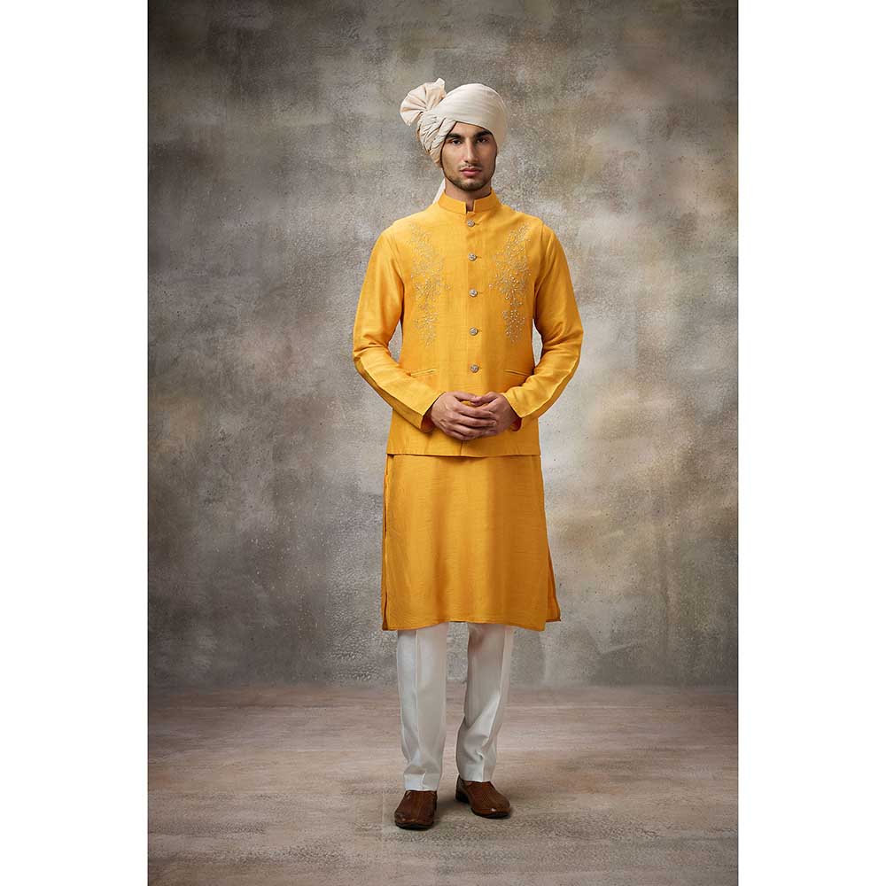 Rivaar by Rocky Star Yellow Embroidered Kurta with Pant and Nehru Jacket (Set of 3)