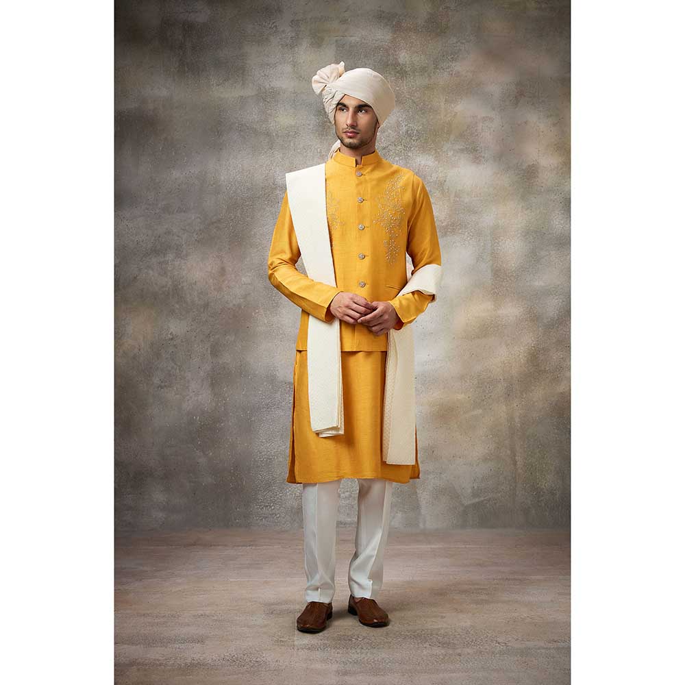 Rivaar by Rocky Star Yellow Embroidered Kurta with Pant and Nehru Jacket (Set of 3)