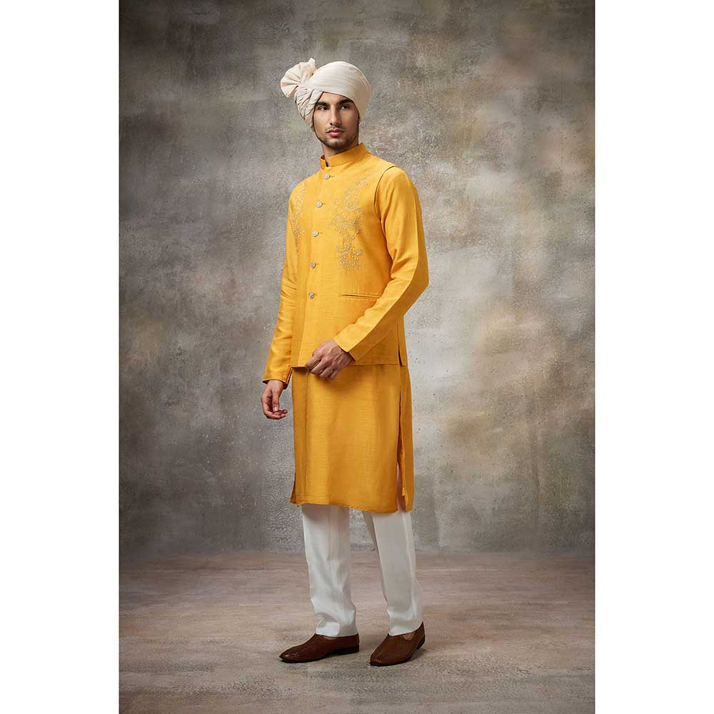 Rivaar by Rocky Star Yellow Embroidered Kurta with Pant and Nehru Jacket (Set of 3)