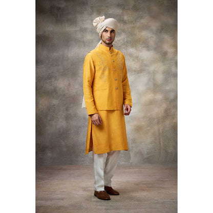 Rivaar by Rocky Star Yellow Embroidered Kurta with Pant and Nehru Jacket (Set of 3)