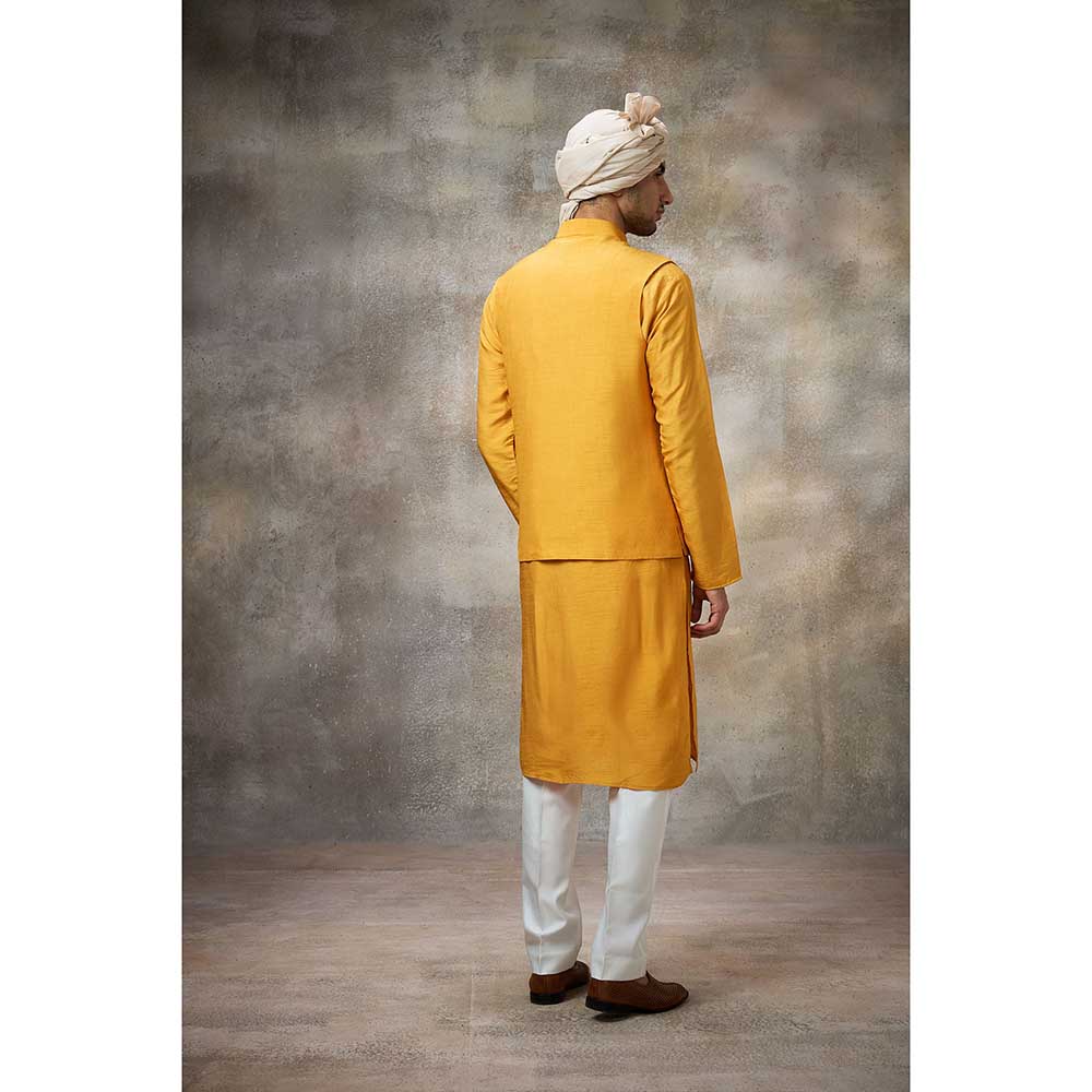 Rivaar by Rocky Star Yellow Embroidered Kurta with Pant and Nehru Jacket (Set of 3)