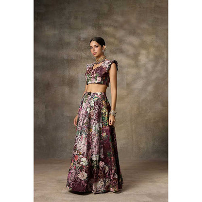 Rivaar by Rocky Star Maroon Botanical Print Lehenga with Blouse (Set of 2)