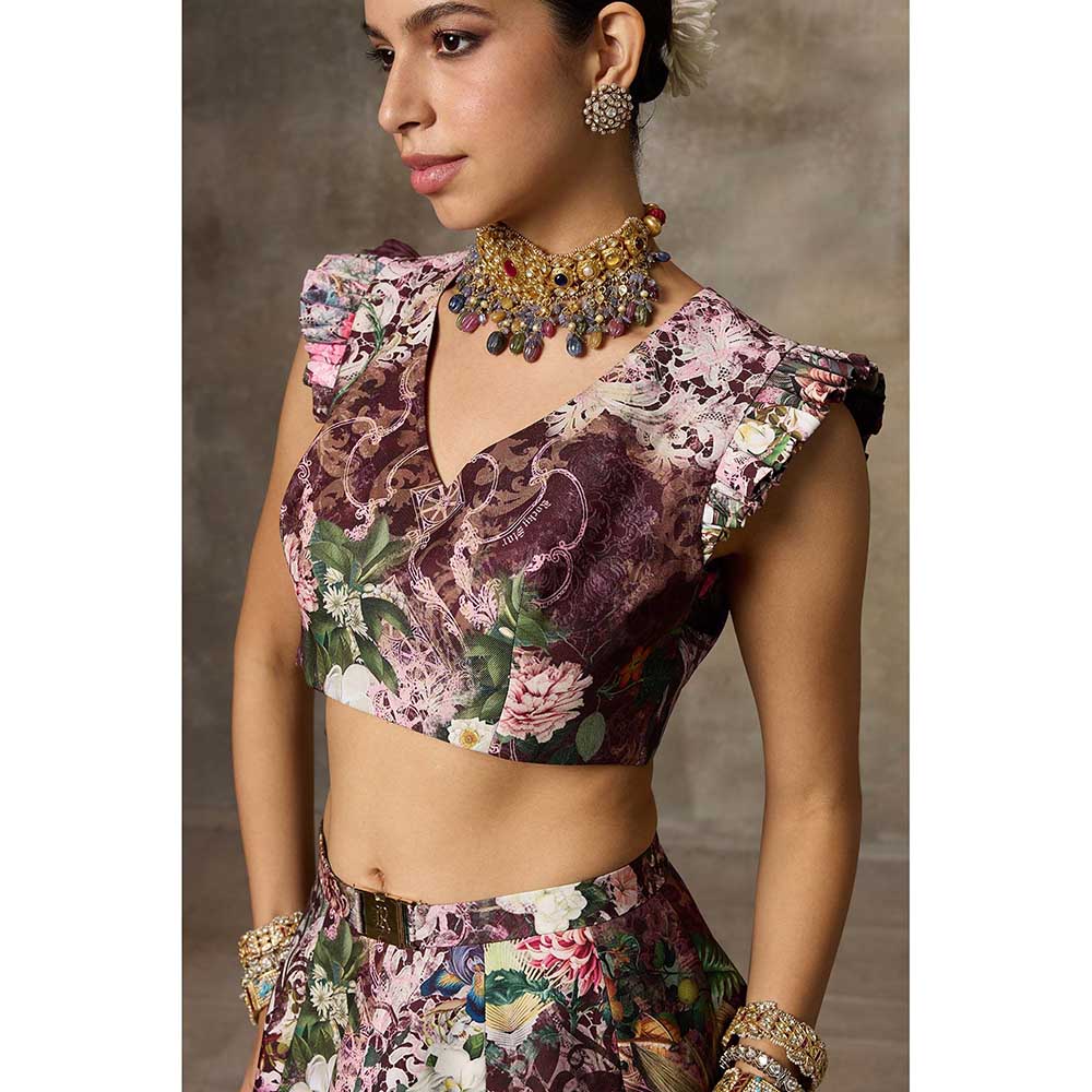 Rivaar by Rocky Star Maroon Botanical Print Lehenga with Blouse (Set of 2)