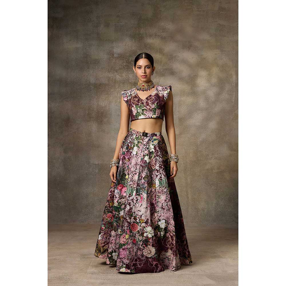 Rivaar by Rocky Star Maroon Botanical Print Lehenga with Blouse (Set of 2)