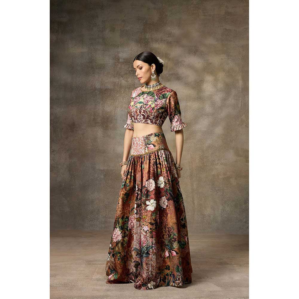 Rivaar by Rocky Star Brown Floral Print Blouse with Lehenga (Set of 2)
