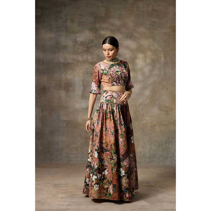 Rivaar by Rocky Star Brown Floral Print Blouse with Lehenga (Set of 2)