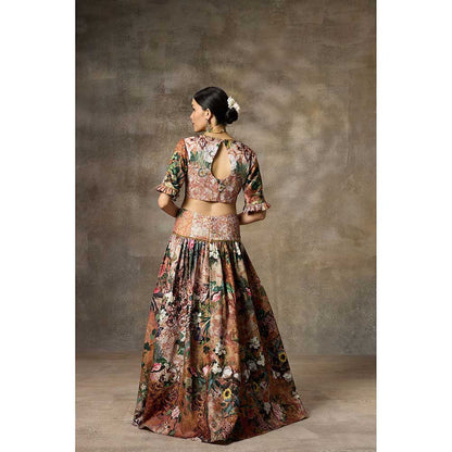 Rivaar by Rocky Star Brown Floral Print Blouse with Lehenga (Set of 2)
