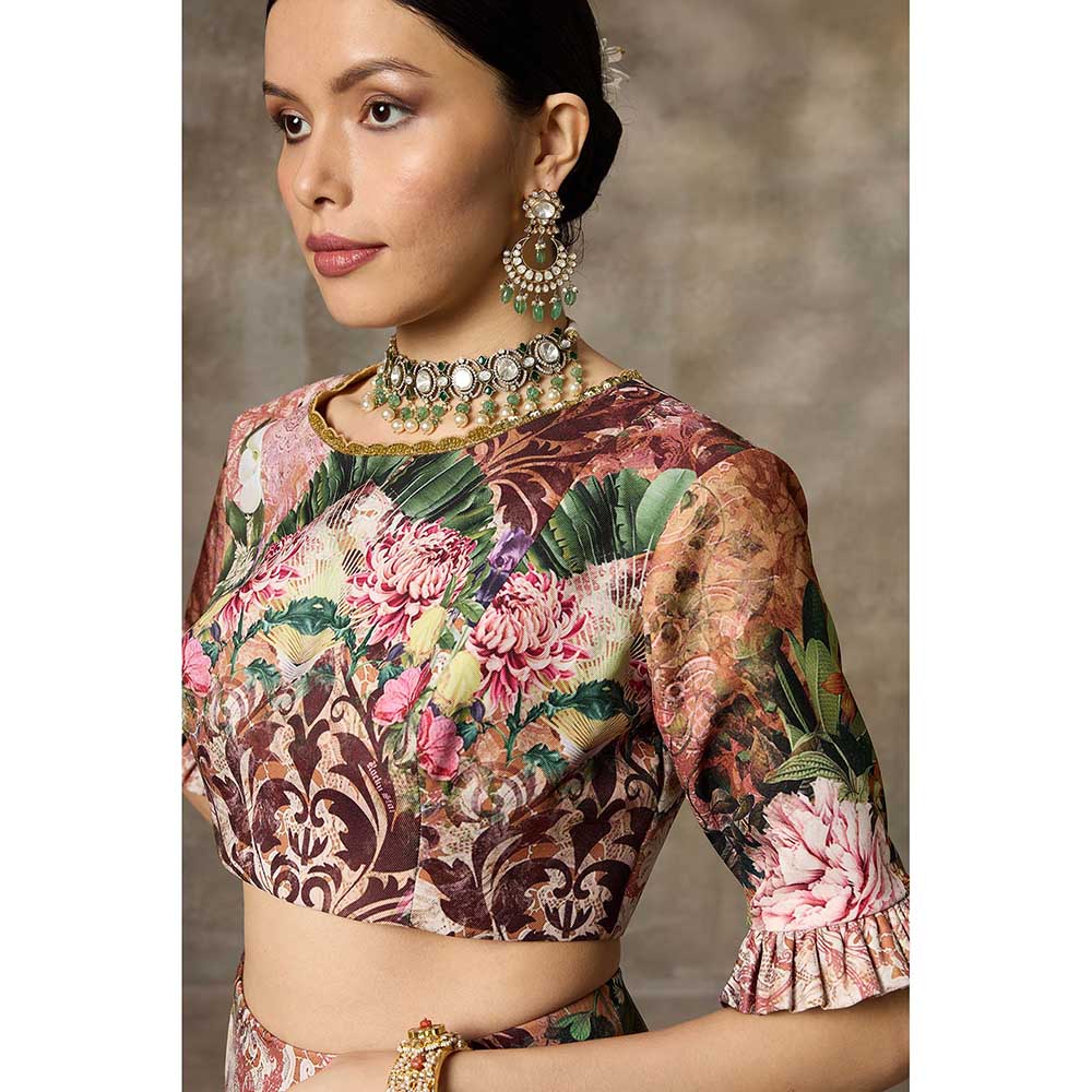 Rivaar by Rocky Star Brown Floral Print Blouse with Lehenga (Set of 2)