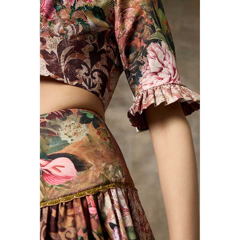 Rivaar by Rocky Star Brown Floral Print Blouse with Lehenga (Set of 2)