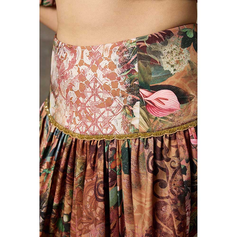 Rivaar by Rocky Star Brown Floral Print Blouse with Lehenga (Set of 2)