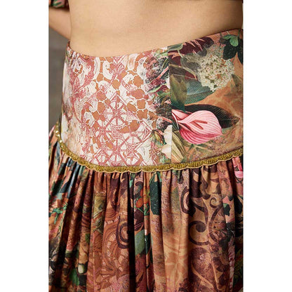 Rivaar by Rocky Star Brown Floral Print Blouse with Lehenga (Set of 2)
