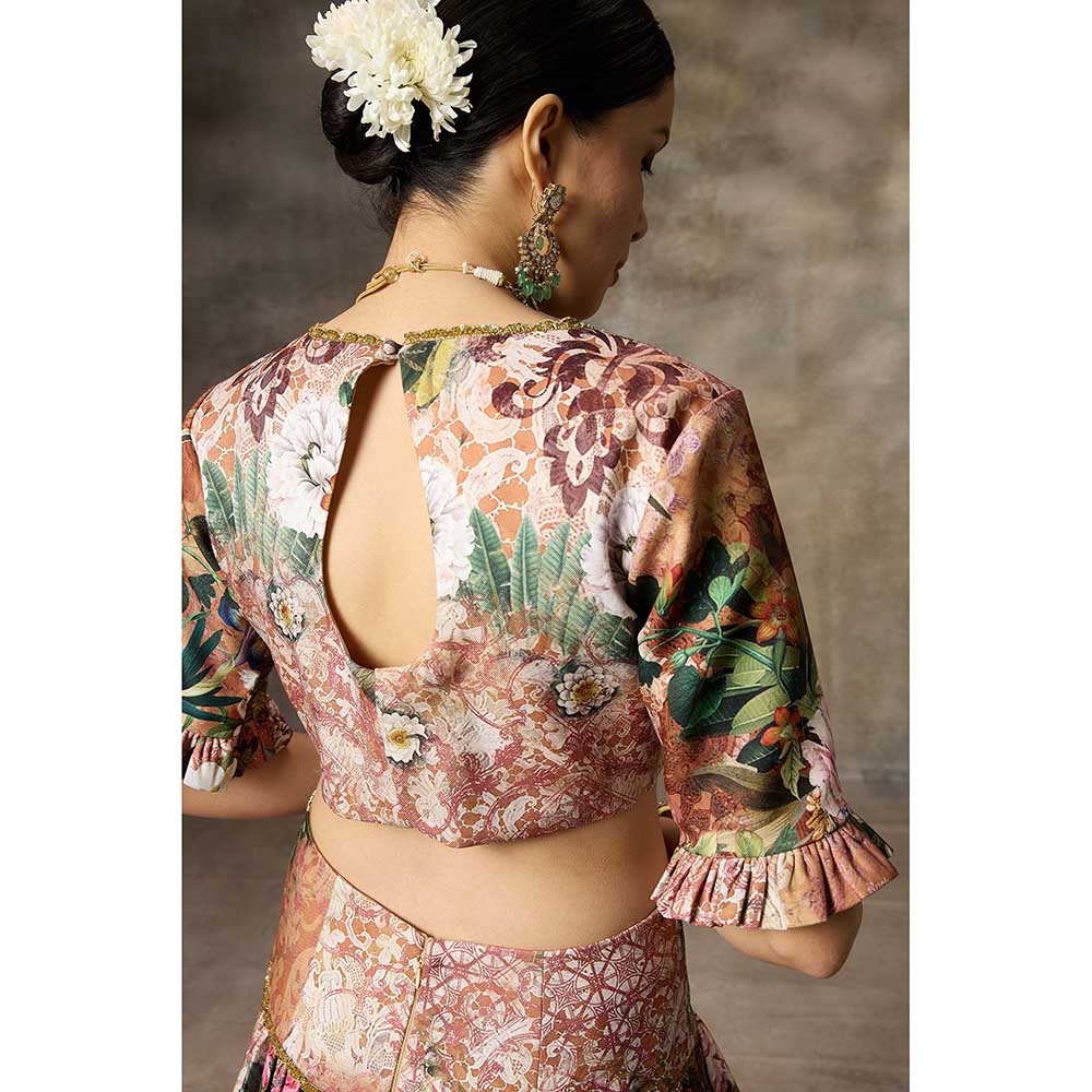 Rivaar by Rocky Star Brown Floral Print Blouse with Lehenga (Set of 2)