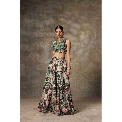 Rivaar by Rocky Star Green Floral Print Blouse with Lehenga (Set of 2)