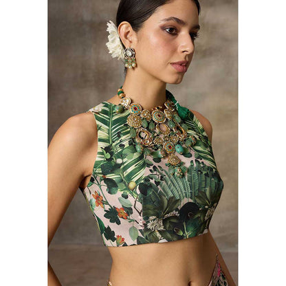 Rivaar by Rocky Star Green Floral Print Blouse with Lehenga (Set of 2)