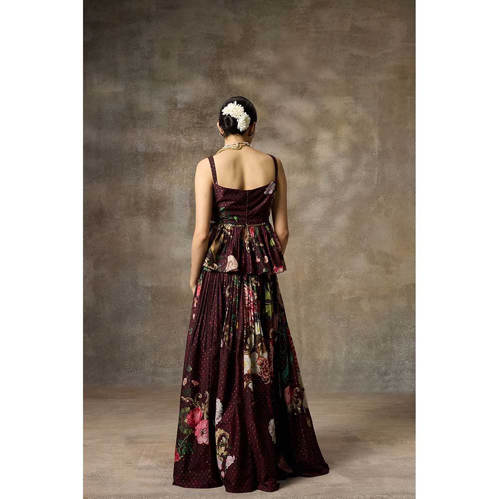 Rivaar by Rocky Star Burgundy Printed Peplum Top with Lehenga (Set of 2)