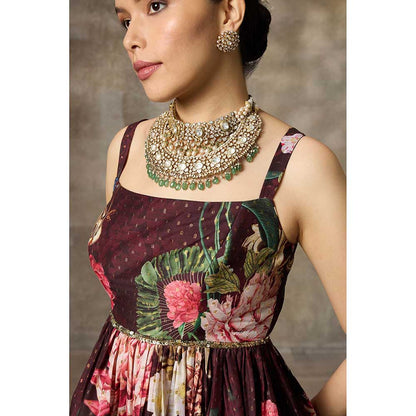 Rivaar by Rocky Star Burgundy Printed Peplum Top with Lehenga (Set of 2)
