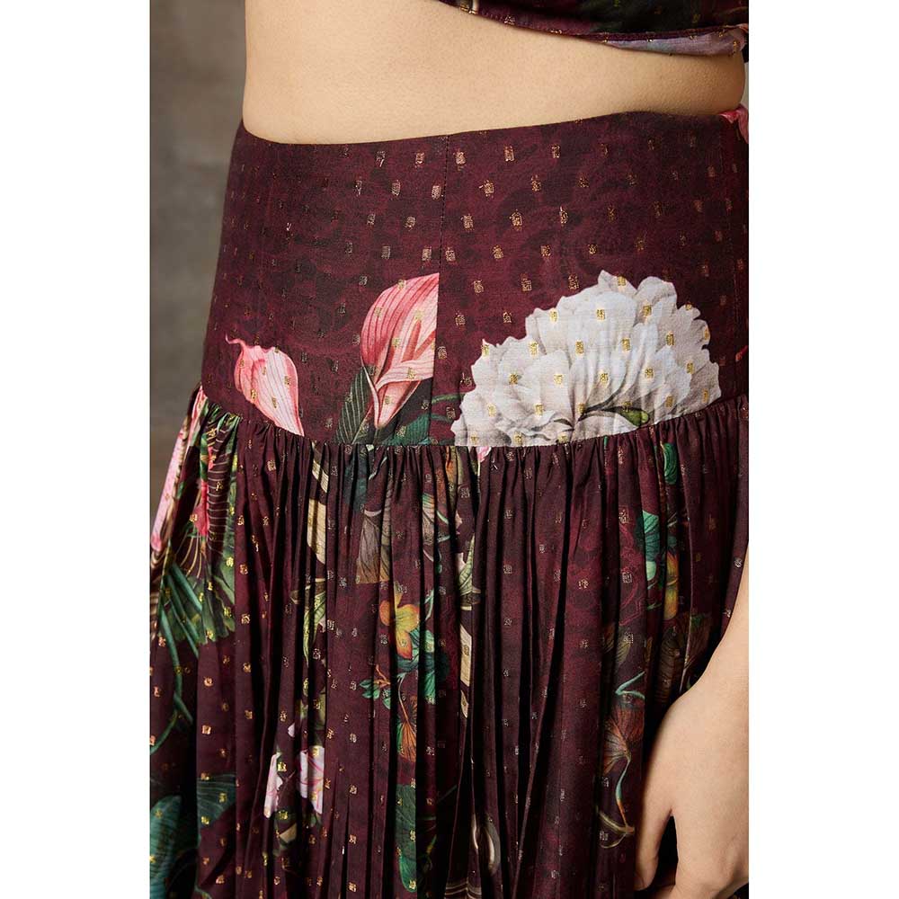 Rivaar by Rocky Star Burgundy Printed Peplum Top with Lehenga (Set of 2)