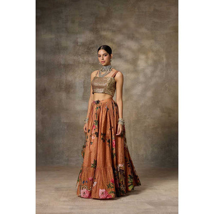 Rivaar by Rocky Star Brown Floral Print Blouse with Lehenga (Set of 2)