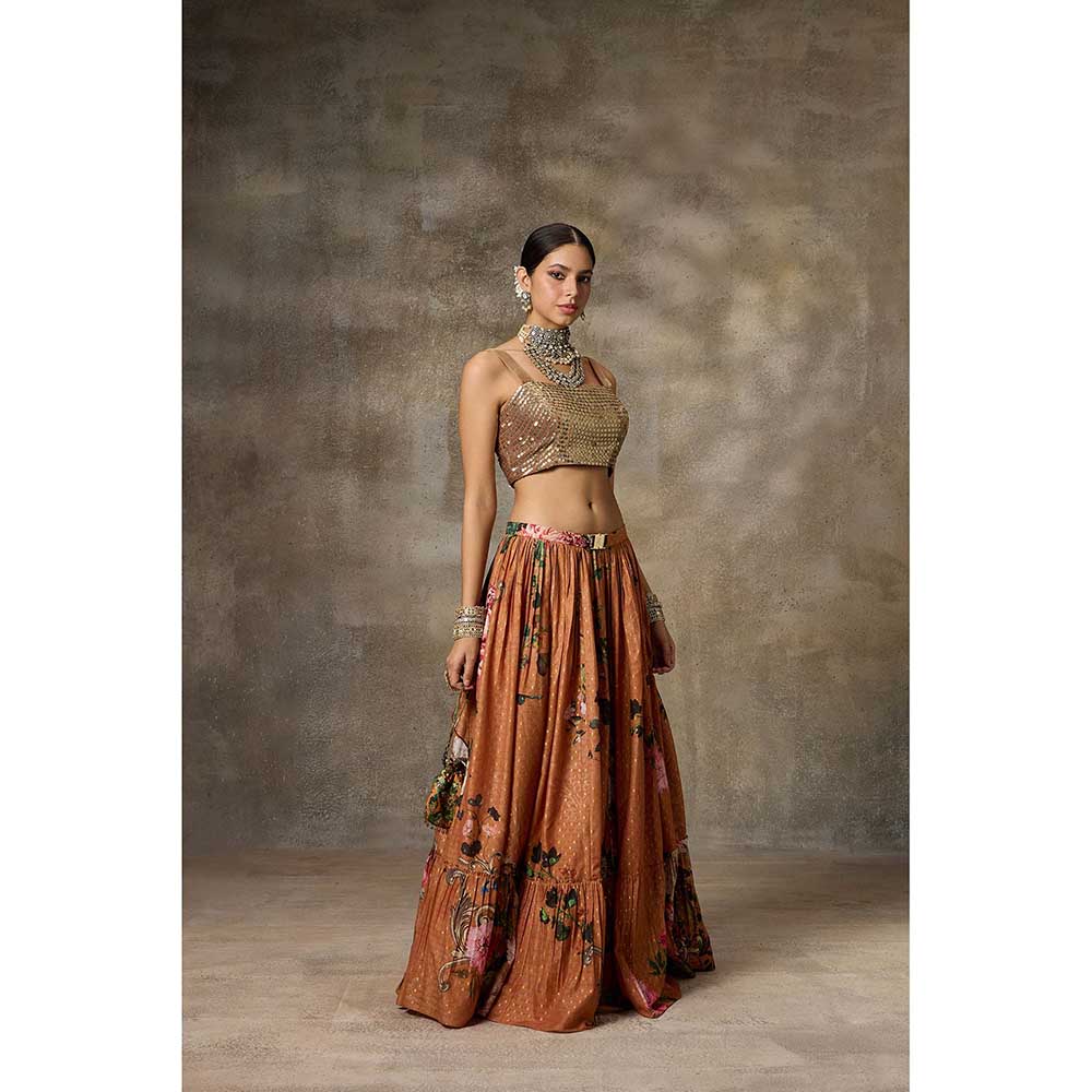 Rivaar by Rocky Star Brown Floral Print Blouse with Lehenga (Set of 2)