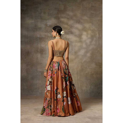 Rivaar by Rocky Star Brown Floral Print Blouse with Lehenga (Set of 2)