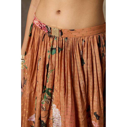 Rivaar by Rocky Star Brown Floral Print Blouse with Lehenga (Set of 2)