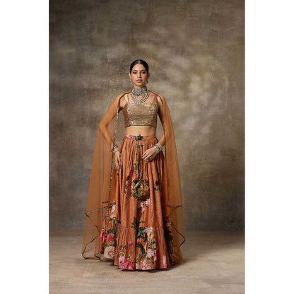 Rivaar by Rocky Star Brown Floral Print Blouse with Lehenga (Set of 2)