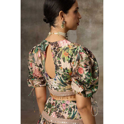 Rivaar by Rocky Star Beige Floral Print Lehenga with Crop Top (Set of 2)