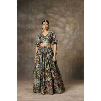 Rivaar by Rocky Star Green Botanical Print Blouse with Lehenga (Set of 2)