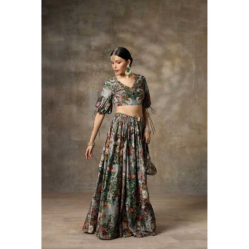 Rivaar by Rocky Star Green Botanical Print Blouse with Lehenga (Set of 2)