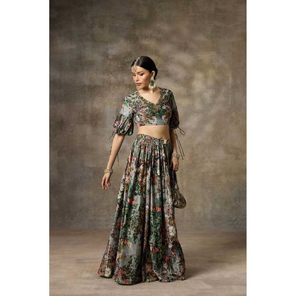 Rivaar by Rocky Star Green Botanical Print Blouse with Lehenga (Set of 2)