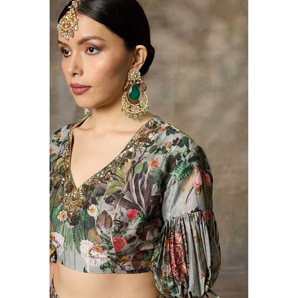 Rivaar by Rocky Star Green Botanical Print Blouse with Lehenga (Set of 2)