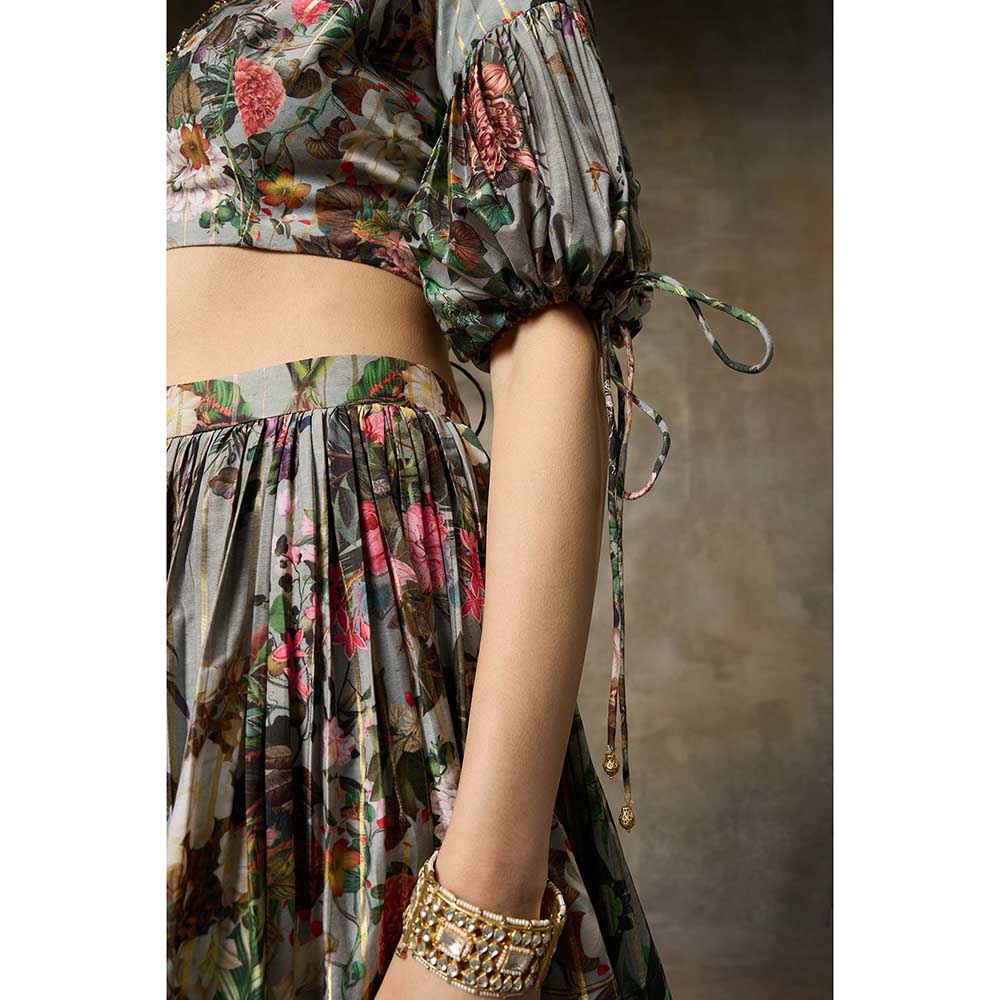 Rivaar by Rocky Star Green Botanical Print Blouse with Lehenga (Set of 2)