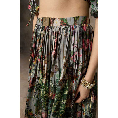 Rivaar by Rocky Star Green Botanical Print Blouse with Lehenga (Set of 2)