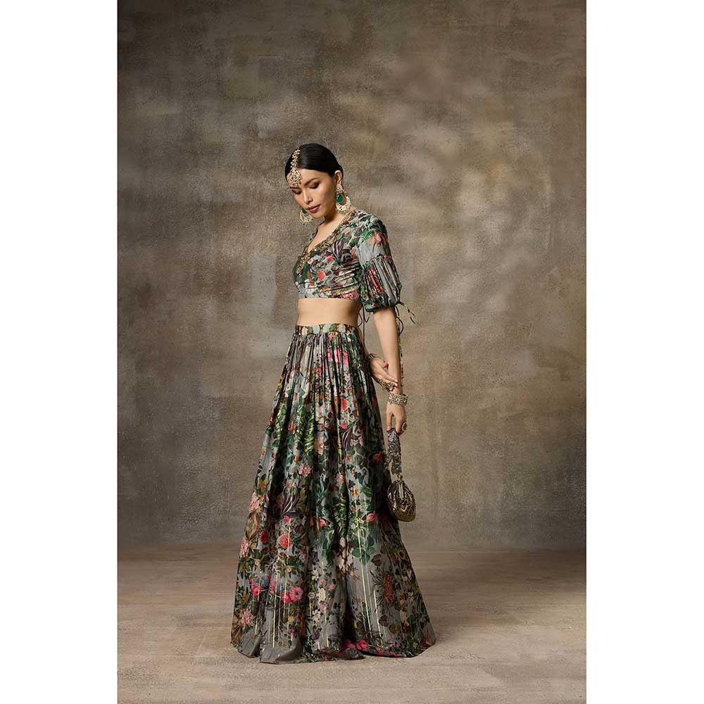 Rivaar by Rocky Star Green Botanical Print Blouse with Lehenga (Set of 2)