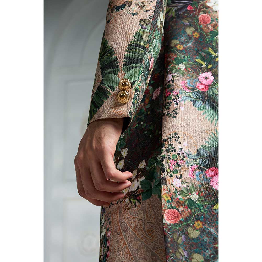 Rivaar by Rocky Star Beige Printed Sherwani (Set of 2)