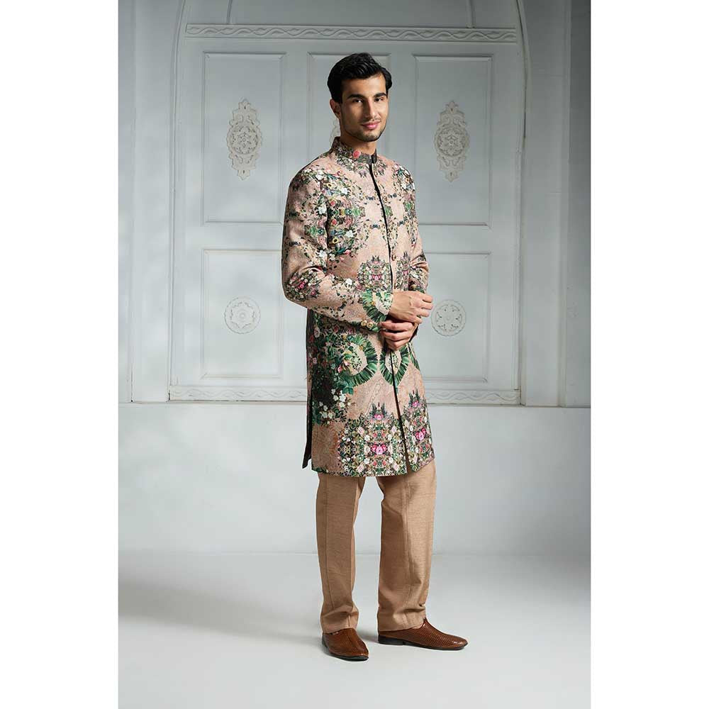 Rivaar by Rocky Star Beige Printed Sherwani (Set of 2)
