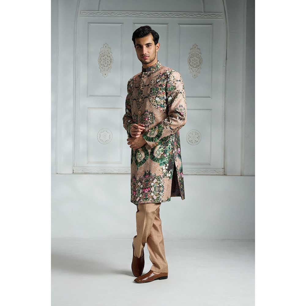 Rivaar by Rocky Star Beige Printed Sherwani (Set of 2)