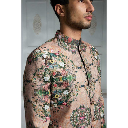 Rivaar by Rocky Star Beige Printed Sherwani (Set of 2)