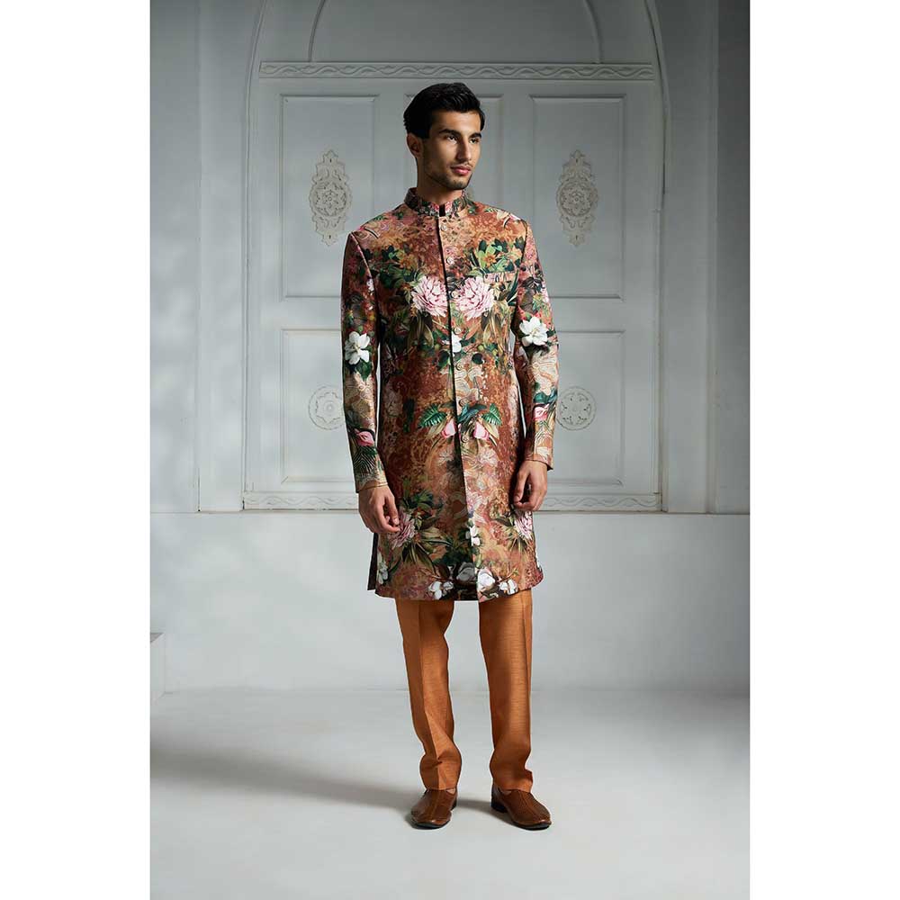 Rivaar by Rocky Star Rust Printed Sherwani (Set of 2)
