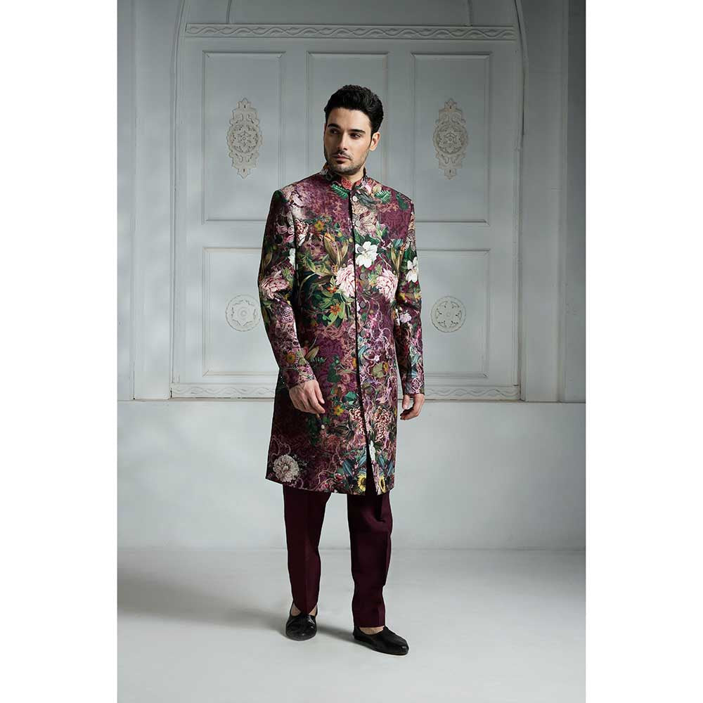 Rivaar by Rocky Star Maroon Printed Sherwani (Set of 2)
