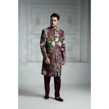 Rivaar by Rocky Star Maroon Printed Sherwani (Set of 2)